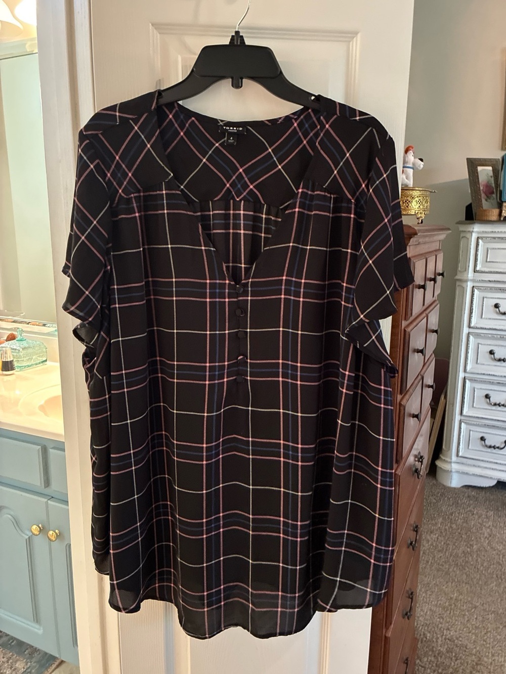 torrid Harper Black Pink Plaid Flutter Sleeve Blouse SZ 4/4X